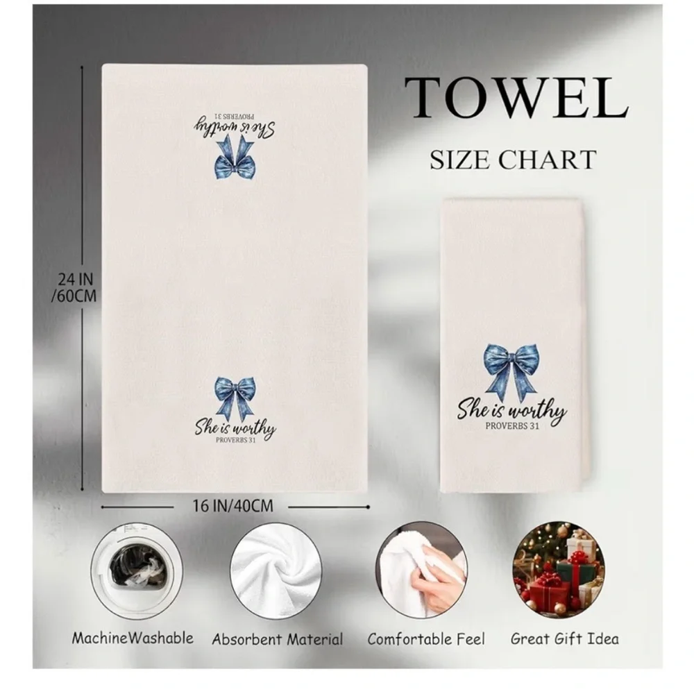 Embroidered Scripture Kitchen Towels - Blue Bow Design